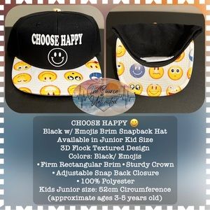 NEW Choose Happy :) Emojis Brim Snapback Hat in Junior Kid Size
